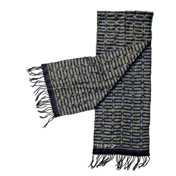 Gucci Black & Gray Embroidered Logo Geometric Weave Wool Scarf Pre-owned - Picture 1 of 16
